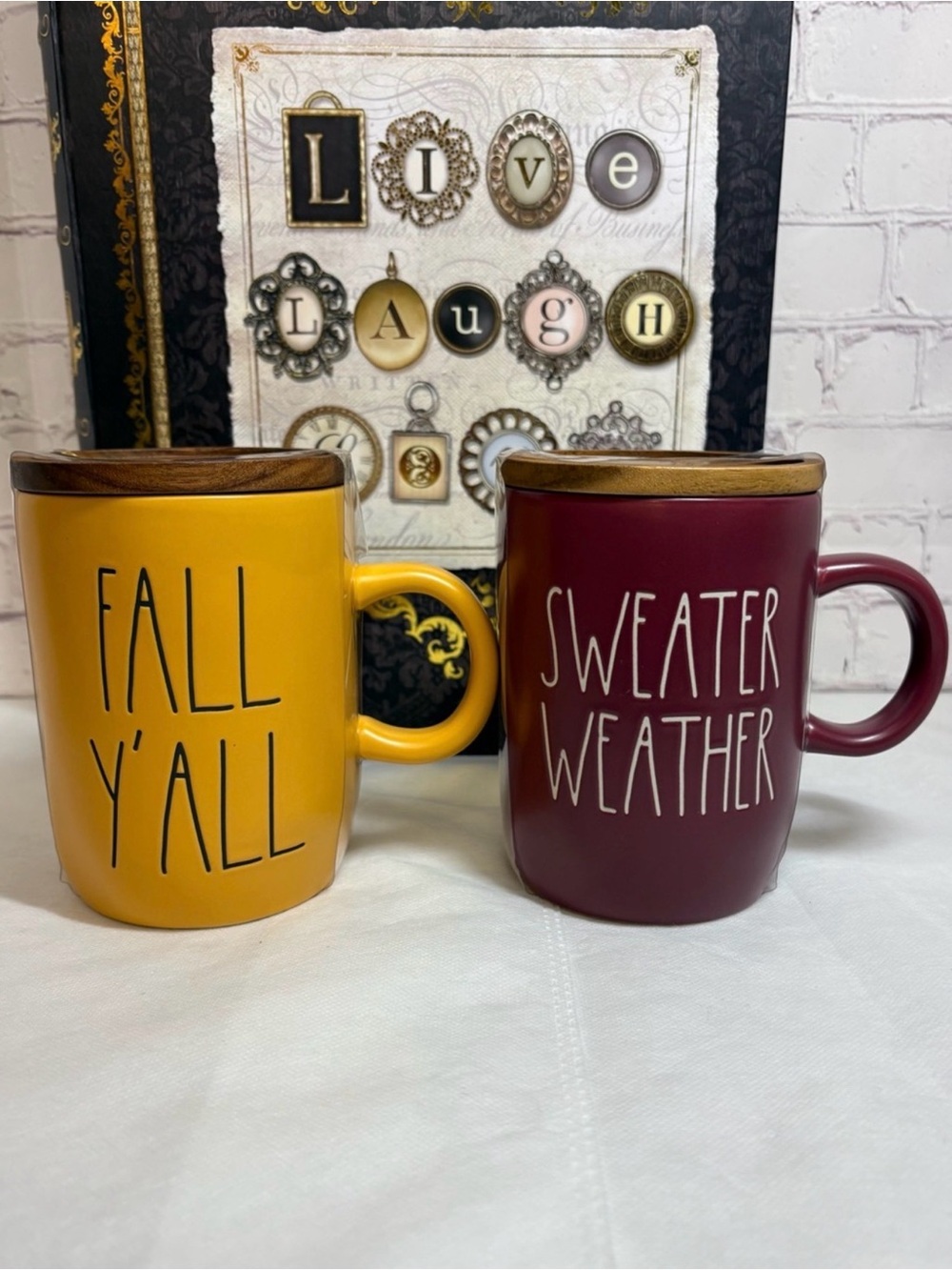 Rae Dunn "Fall Y'all" & "Sweater Weather" Ceramic Mugs with Wood
Lids NIB